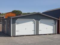 24x28 Two-Car Modular Garage With Dark Grey LP Smart Side, White Trim, White Garage Doors, and Black Shutters